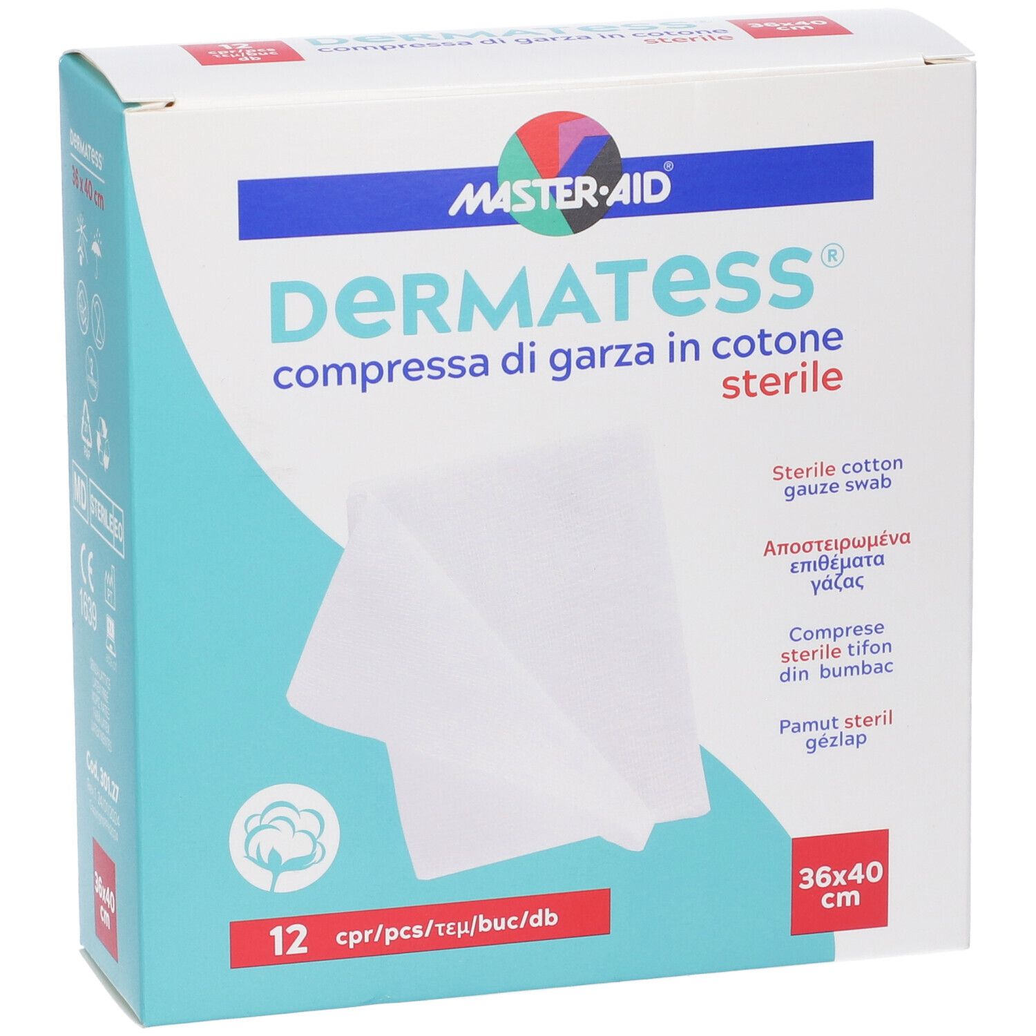 Confezione di garze in cotone sterili DERMATESS. Marchio MASTER-AID. Dimensioni 36x40 cm. Contiene 12 pezzi.