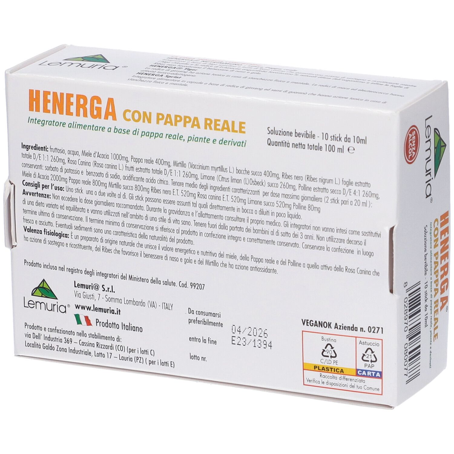 Retro della confezione Henerga con Pappa Reale. Elenco ingredienti. Data di scadenza. Sigillo vegano.