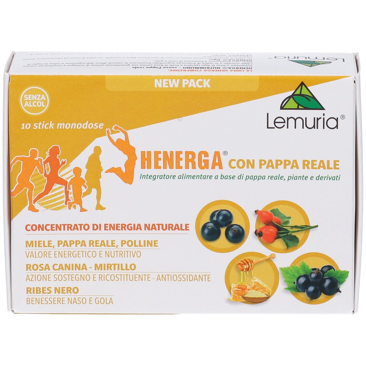 Scatola Henerga con Pappa Reale. 10 stick. Immagini di frutta e miele. Logo Lemuria. Scritta: Concentrato di energia naturale.