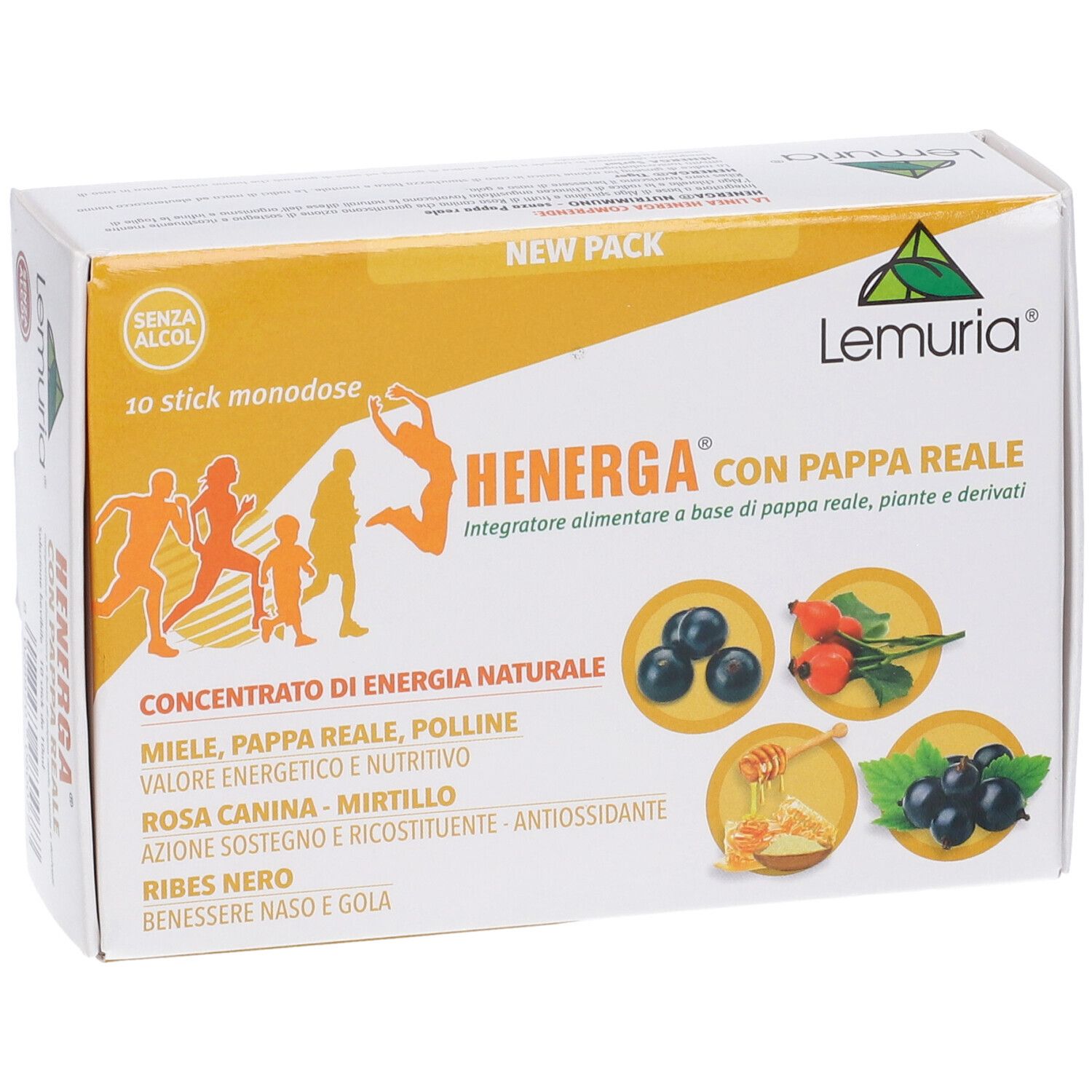 Scatola Henerga con Pappa Reale. 10 stick. Immagini di frutta e miele. Logo Lemuria. Scritta: Concentrato di energia naturale.
