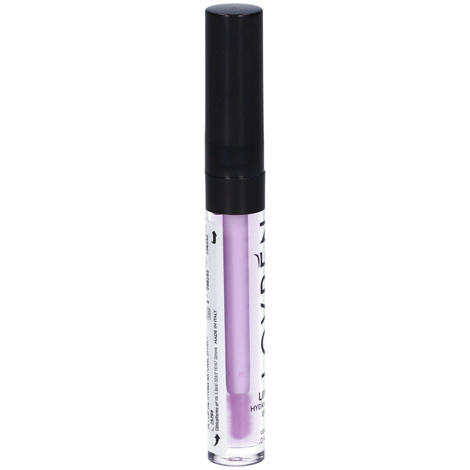 Lovren Lip Oil, tubo trasparente con tappo nero. Applicatore visibile. Testo: Lip Oil, Made in Italy.