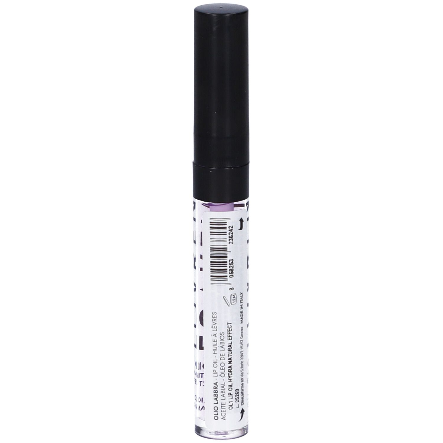 Lovren Lip Oil, tubo trasparente con tappo nero. Codice a barre e testo: Duo Labbra, Lip Oil-Huile à Lèvres, Aceite Labial.