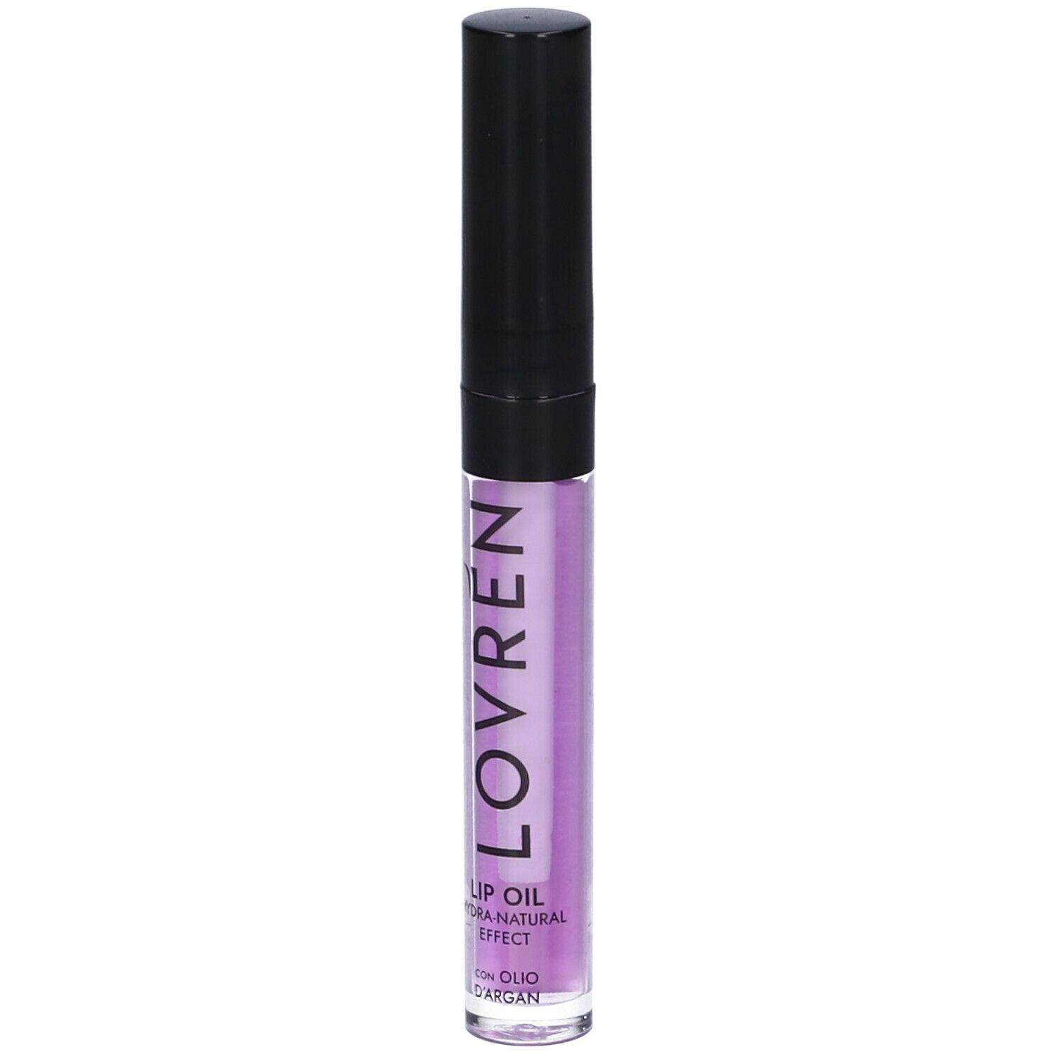 Lovren Lip Oil, tubo trasparente con tappo nero. Testo: Lip Oil, Hydra-Natural Effect, Con Olio D'Argan.