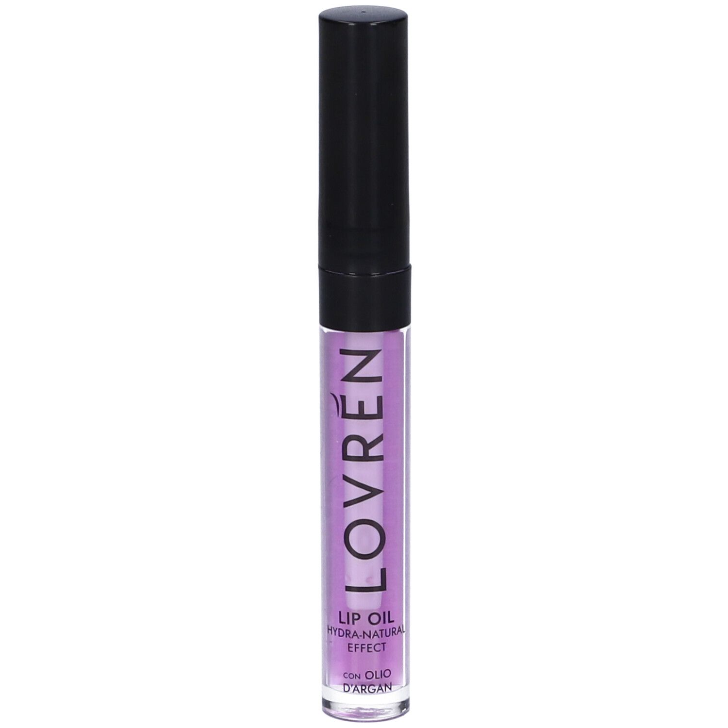 Lovren Lip Oil, tubo trasparente con tappo nero. Testo: Lip Oil, Hydra-Natural Effect, Con Olio D'Argan.