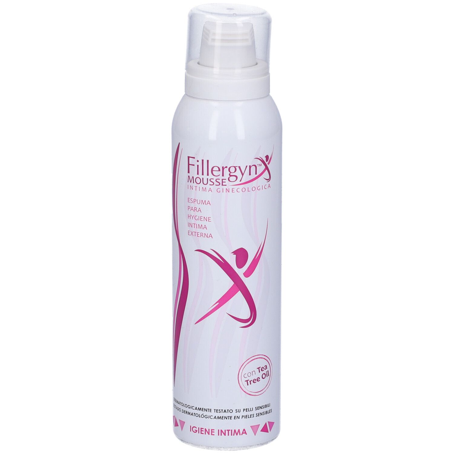 Bomboletta bianca con stampa rosa. Scritta: Fillergyn Mousse, Intima Ginecologica. Con Tea Tree Oil. Per l'igiene intima esterna.