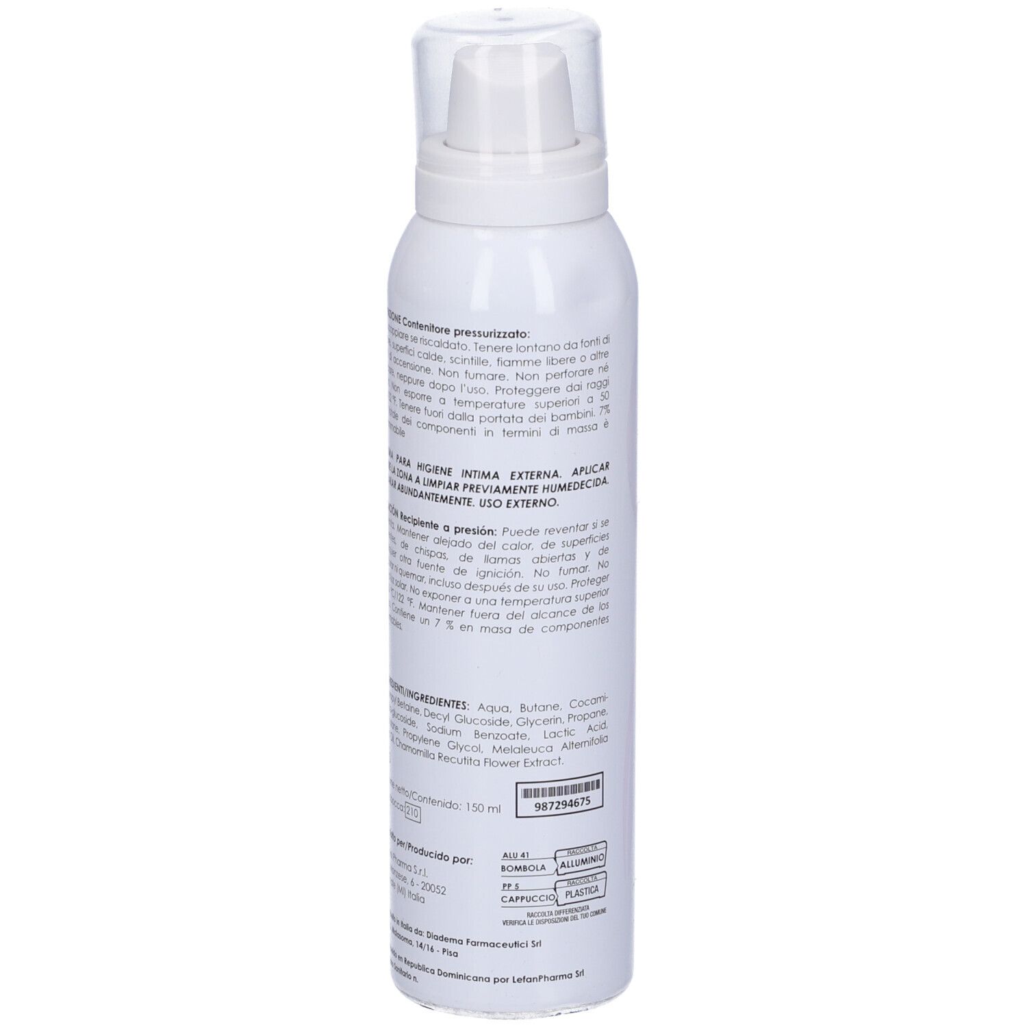 Bomboletta bianca con testo. Ingredienti e istruzioni per l'uso. Per l'igiene intima esterna. Volume: 150 ml. Informazioni produttore.