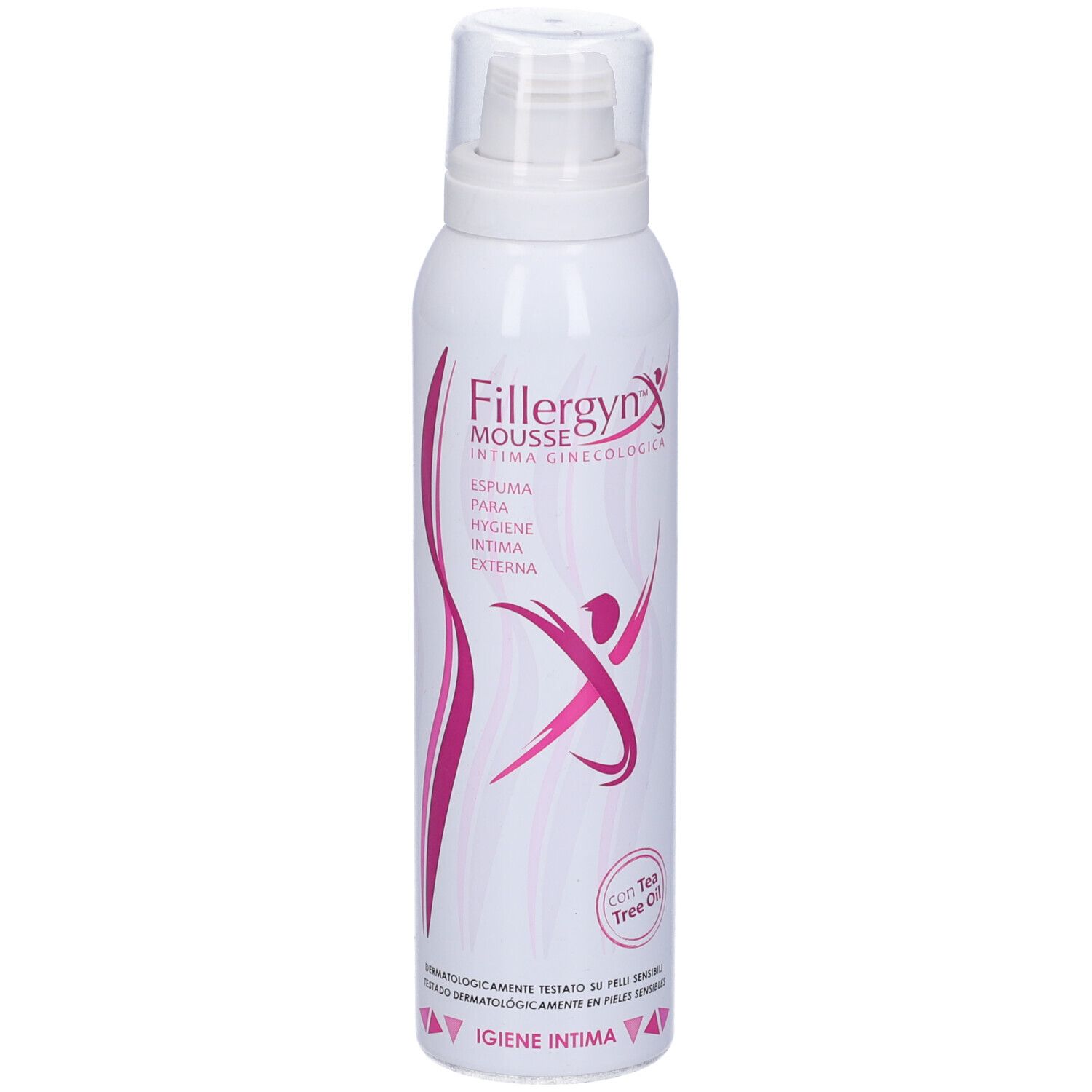 Bomboletta bianca con stampa rosa. Scritta: Fillergyn Mousse, Intima Ginecologica. Con Tea Tree Oil. Per l'igiene intima esterna.