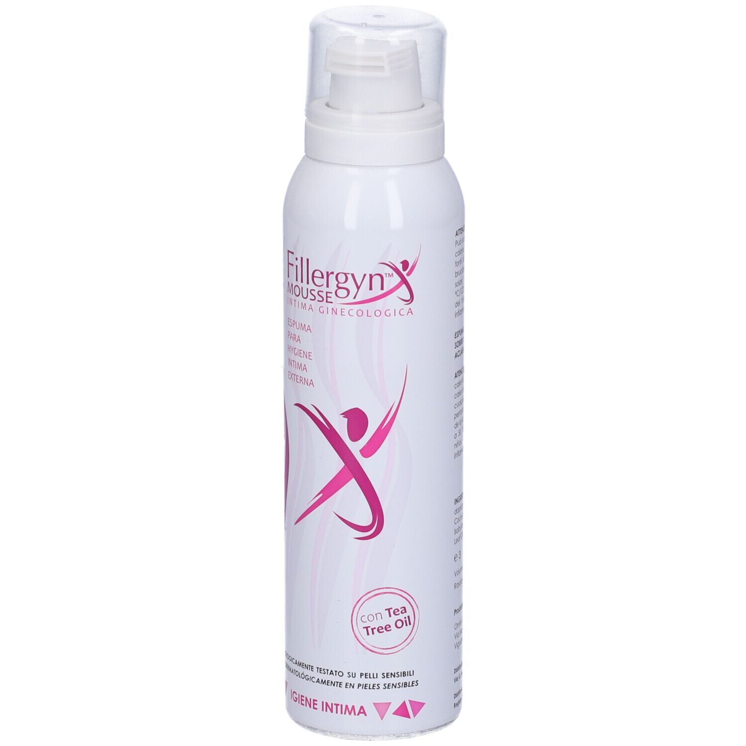 Bomboletta bianca con stampa rosa. Scritta: Fillergyn Mousse, Intima Ginecologica. Con Tea Tree Oil. Per l'igiene intima esterna.