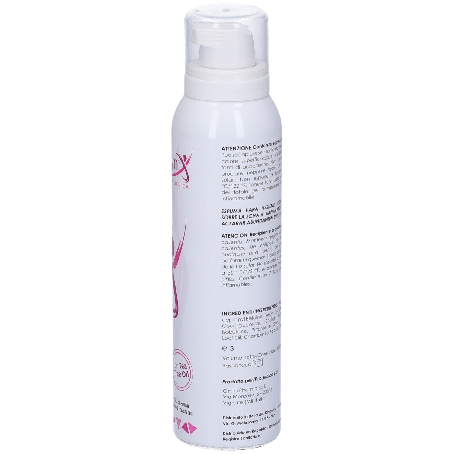 Bomboletta bianca con testo. Ingredienti e istruzioni per l'uso. Per l'igiene intima esterna. Con Tea Tree Oil. Volume: 150 ml.