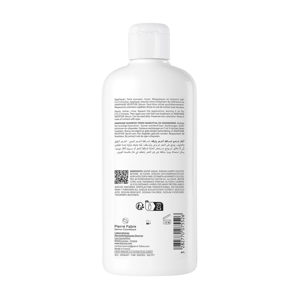 Retro del flacone bianco. Testo in più lingue. Contiene ingredienti, codice QR e simboli di riciclaggio.