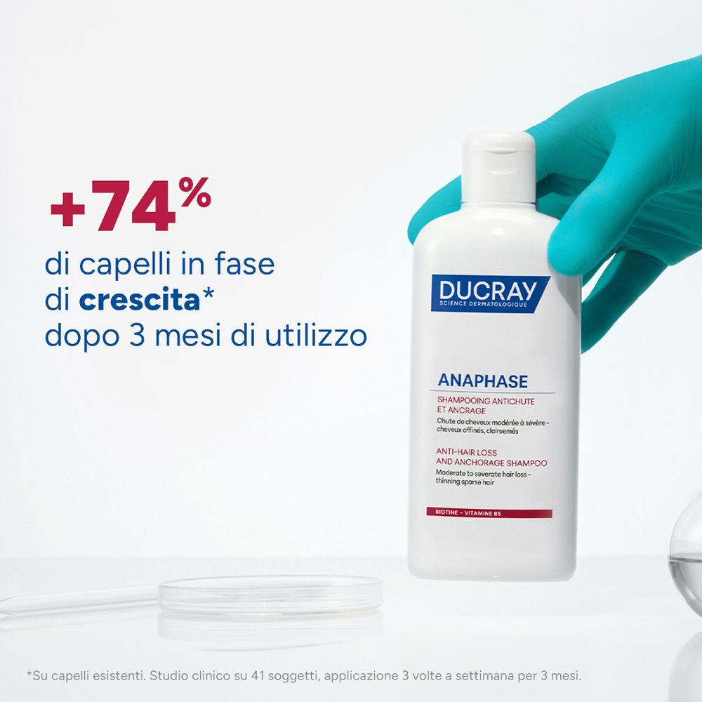 Flacone bianco con etichetta blu, tenuto da una mano con guanto. Scritta: DUCRAY, ANAPHASE, Shampoo.