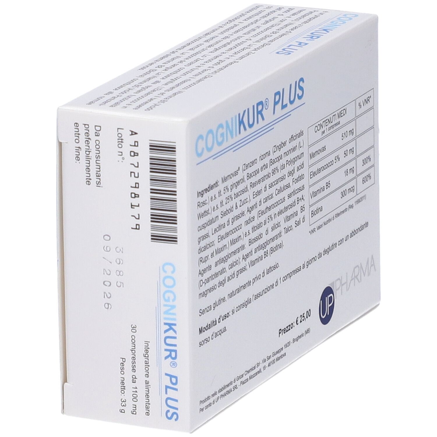 Scatola, vista obliqua. Scritto: COGNIKUR PLUS, 30 compresse. Contiene ingredienti, informazioni nutrizionali e prezzo.
