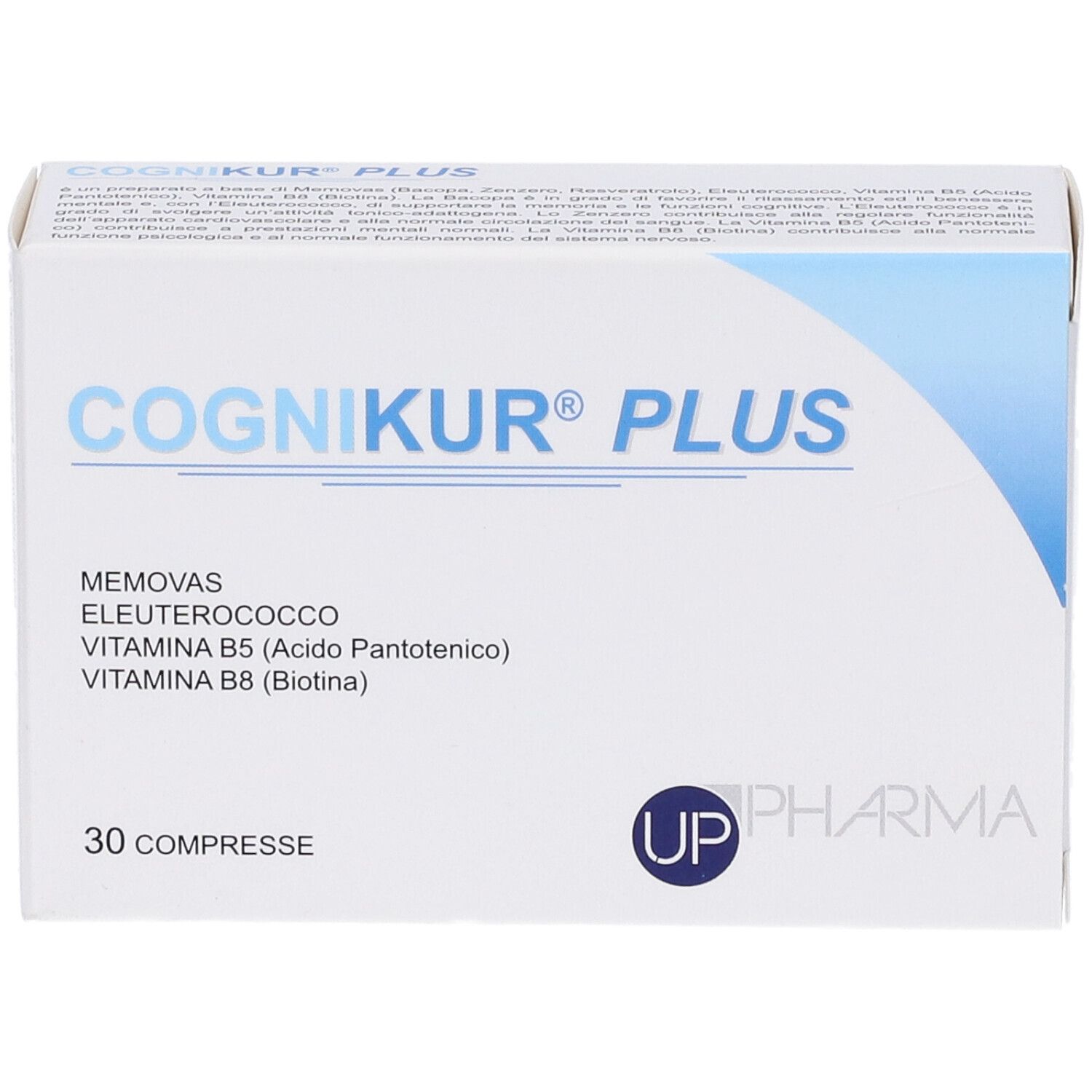Scatola bianca con scritte blu. Scritto: COGNIKUR PLUS, 30 compresse. Contiene Memovas, Eleuterococco, Vitamine B5 e B8.