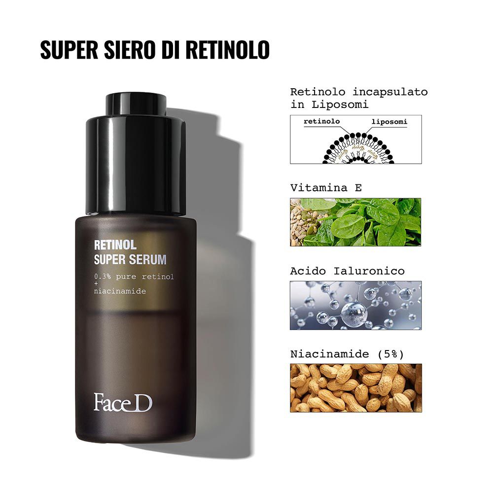 Prodotto con grafici. Scritta: Retinol Super Serum. Ingredienti e risultati. Marchio: Face D.
