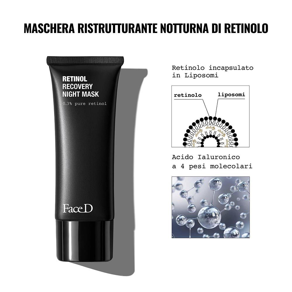 Tubo nero con testo e diagramma. Scritta: Retinol Recovery Night Mask, 0,3% pure retinol. Marchio: FaceD. Diagramma.