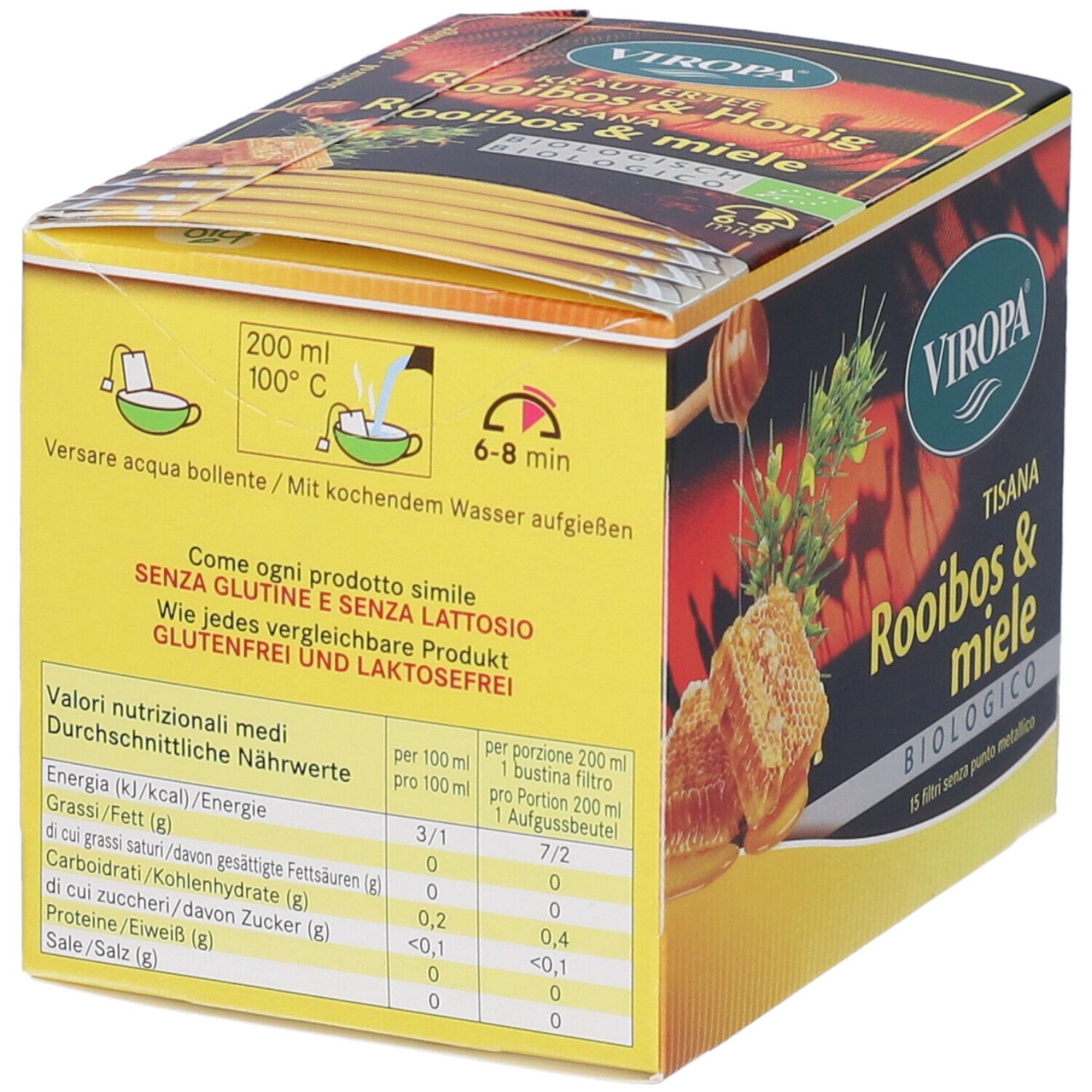 Confezione di Viropa Tisana Rooibos & Miele Biologico Filtri. Mostra valori nutrizionali, istruzioni e logo. Senza glutine e lattosio.