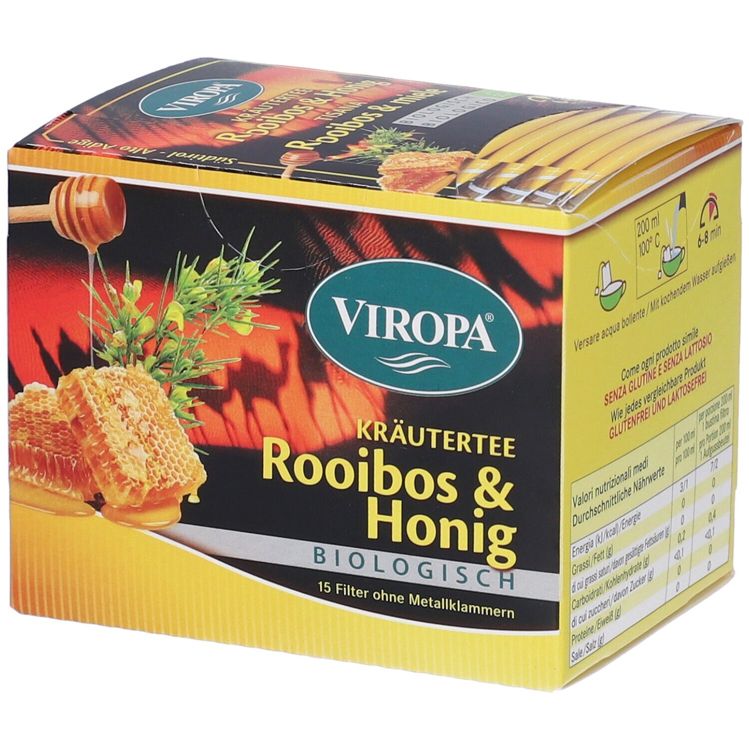 Confezione di Viropa Kräutertee Rooibos & Honig. Mostra favo, cucchiaio, logo e testo. 15 filtri senza punto metallico. Biologico.