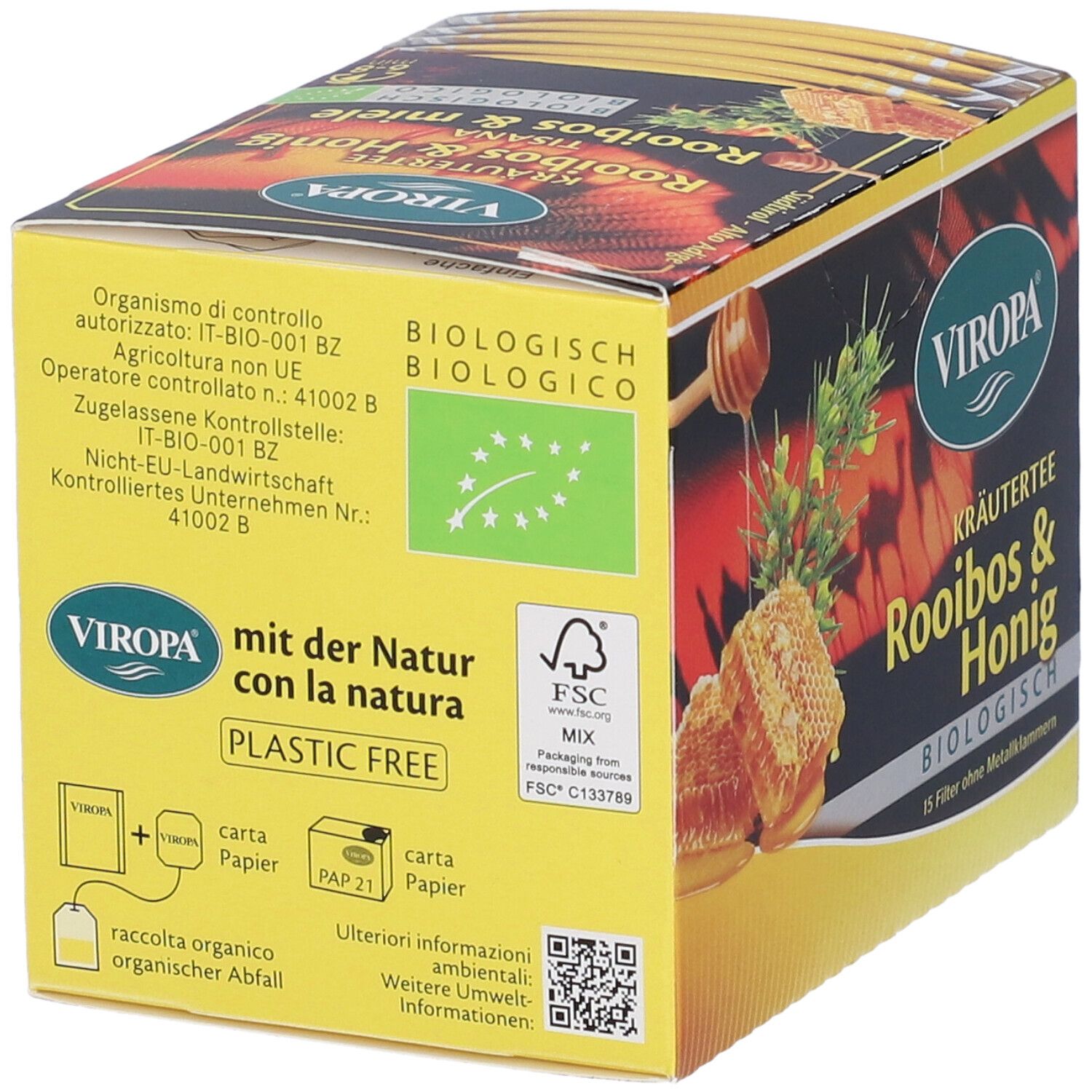 Confezione di Viropa Kräutertee Rooibos & Honig. Mostra logo, sigillo FSC, testo e informazioni sulla certificazione biologica.