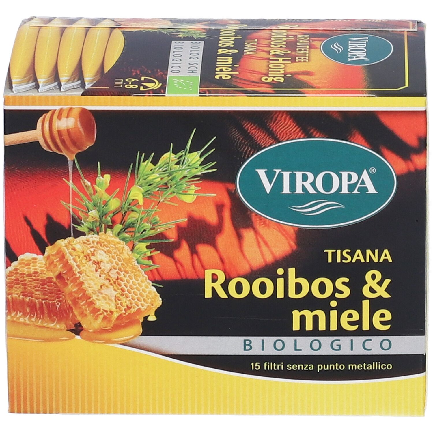 Confezione di Viropa Tisana Rooibos & Miele Biologico Filtri. Mostra favo, cucchiaio, logo e testo. 15 filtri senza punto metallico.