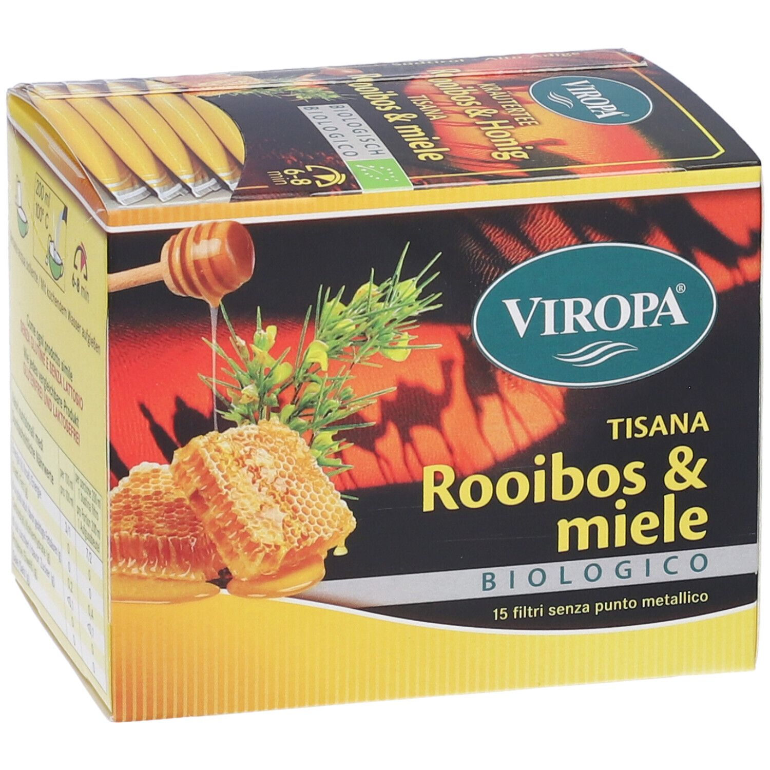 Confezione di Viropa Tisana Rooibos & Miele Biologico Filtri. Mostra favo, cucchiaio, logo e testo. 15 filtri senza punto metallico.