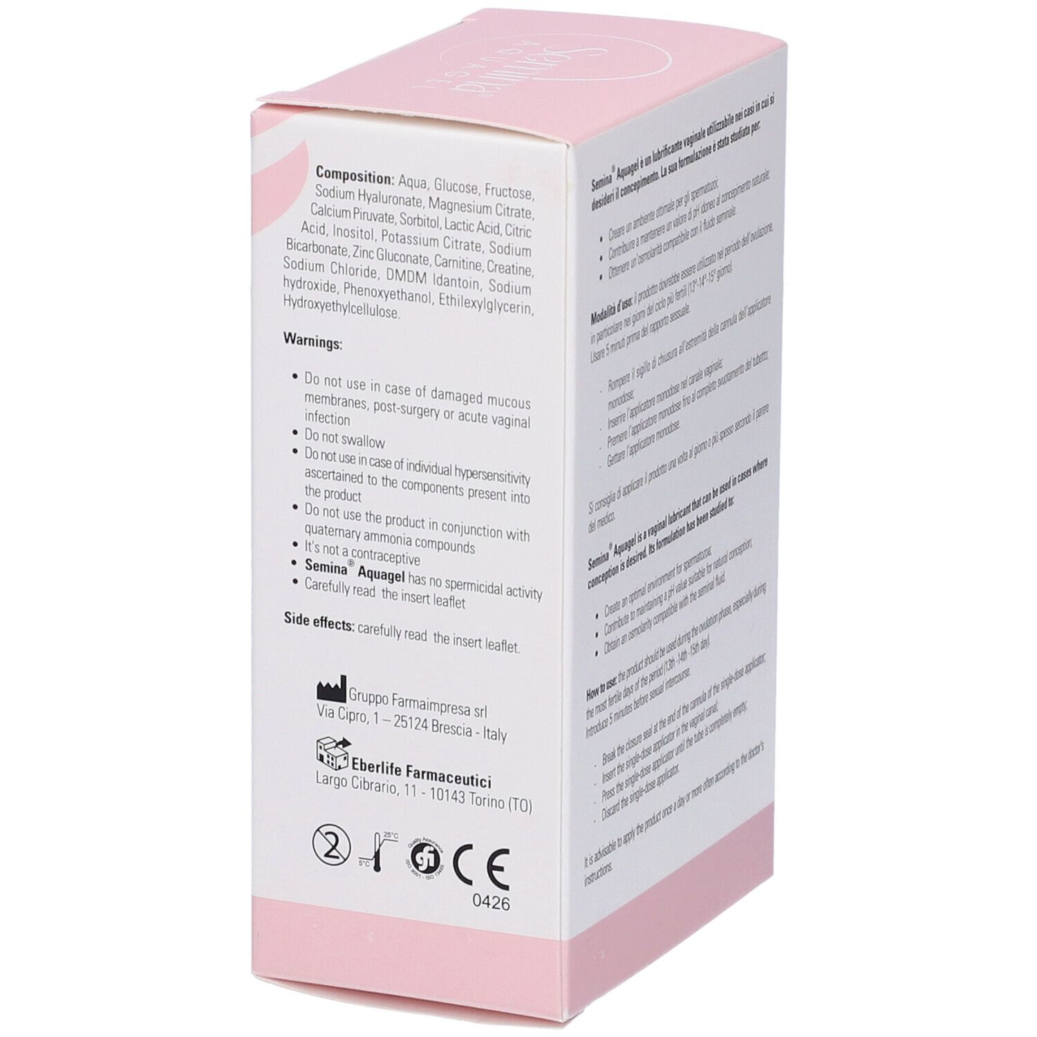 Lato della confezione di Semina Aquagel. Testo in italiano. Contiene informazioni sugli ingredienti e avvertenze.