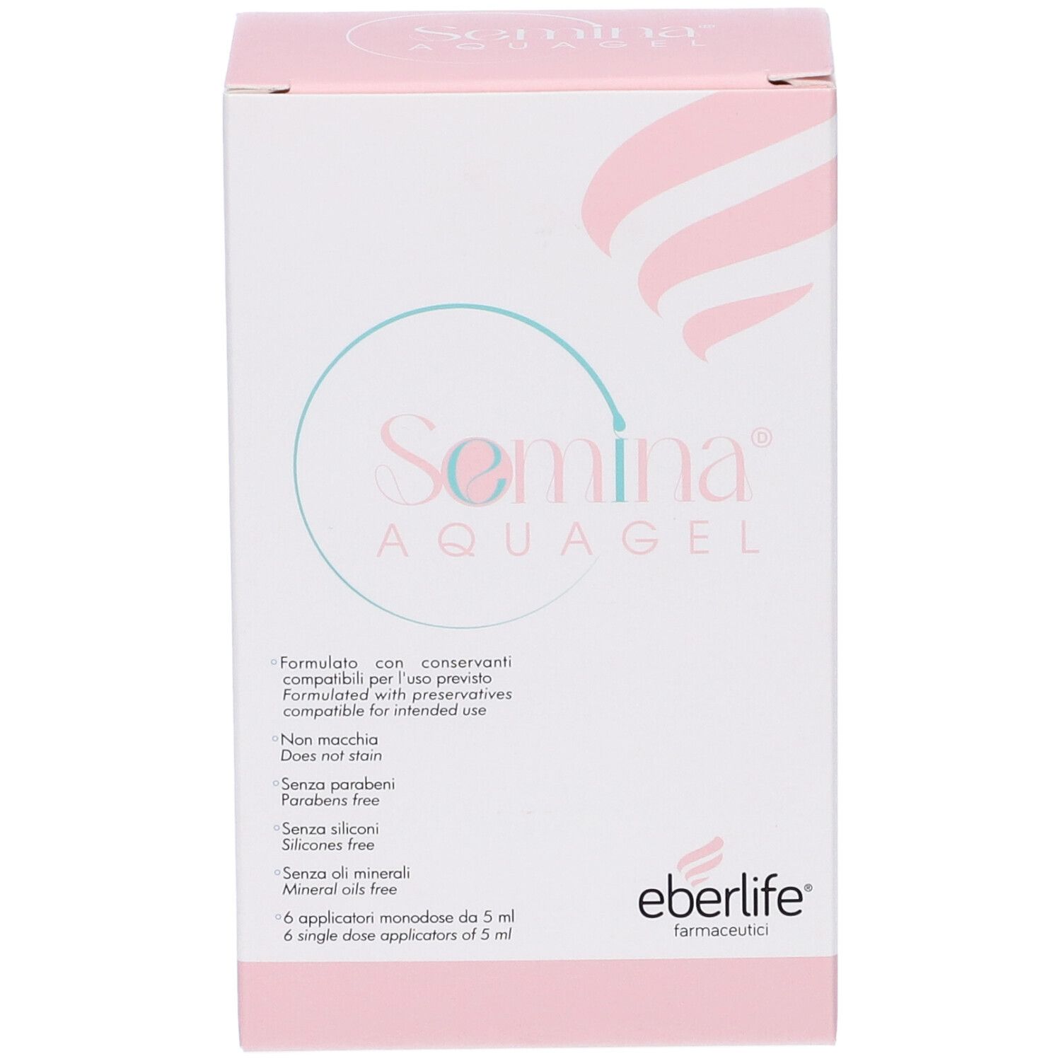Fronte della confezione di Semina Aquagel. Scatola rosa e bianca con nome e logo del prodotto. Contiene 6 applicatori.