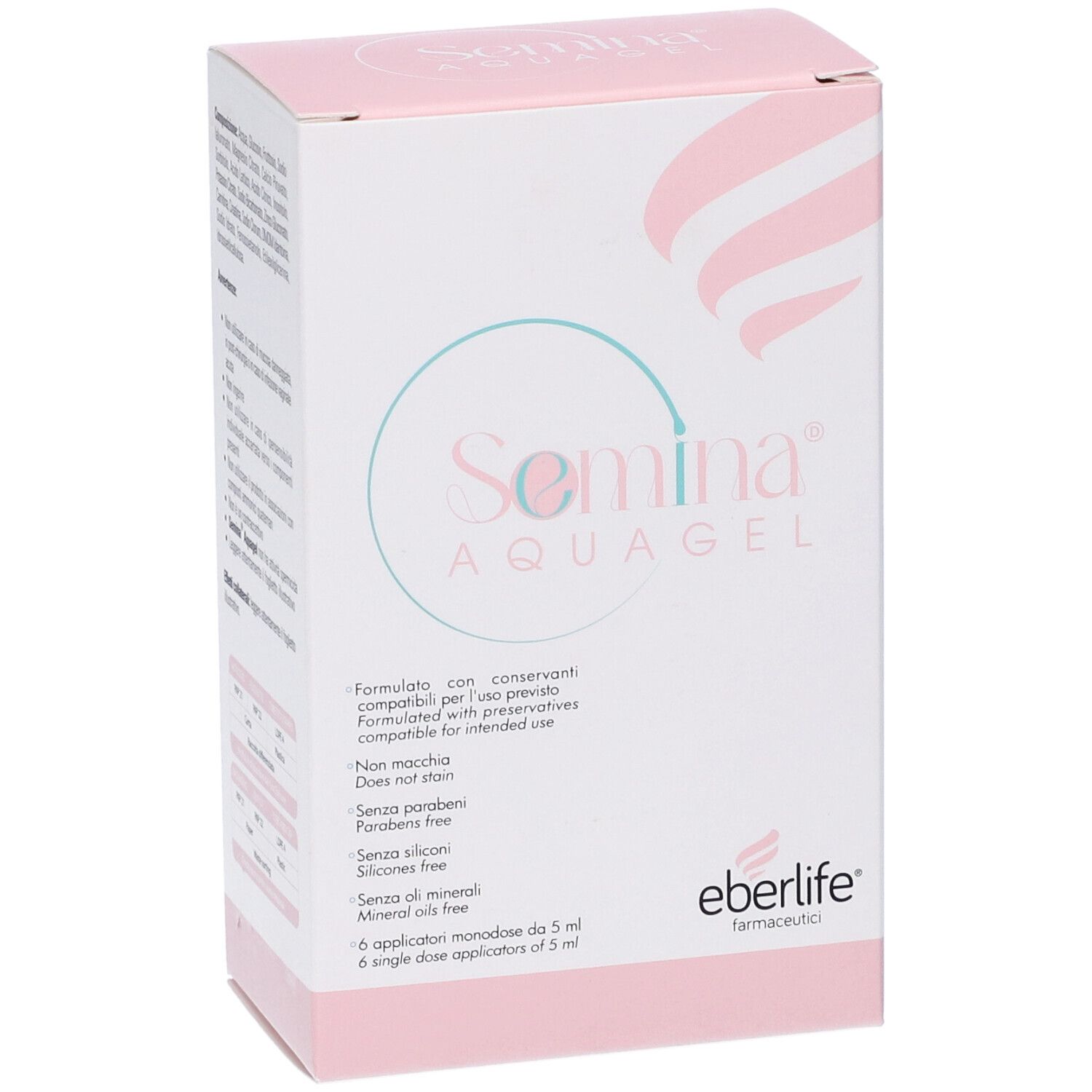 Fronte della confezione di Semina Aquagel. Scatola rosa e bianca con nome e logo del prodotto. Contiene 6 applicatori.
