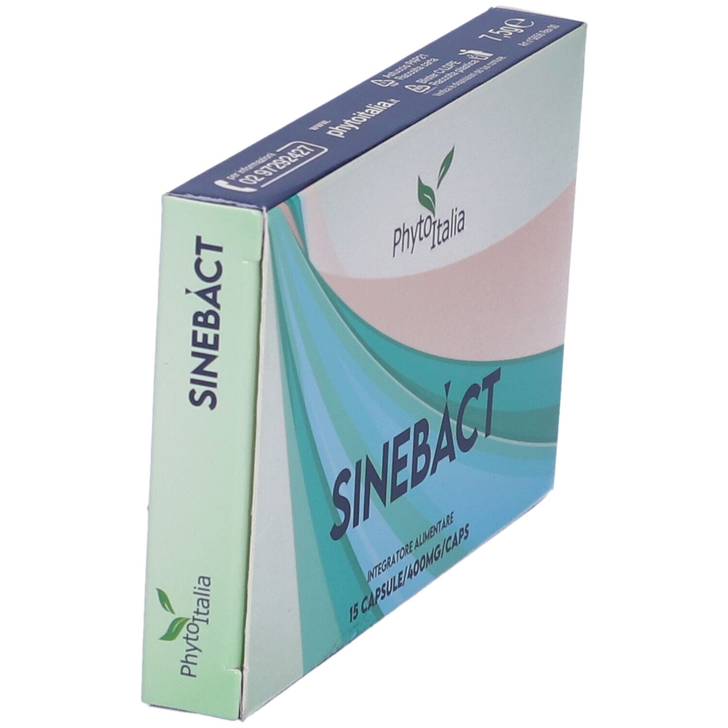 Scatola Sinebact 15 Capsule. Marchio PhytoItalia. Motivi a onde blu e verdi. Testo: 15 Capsule/400mg/Caps. Vista laterale.