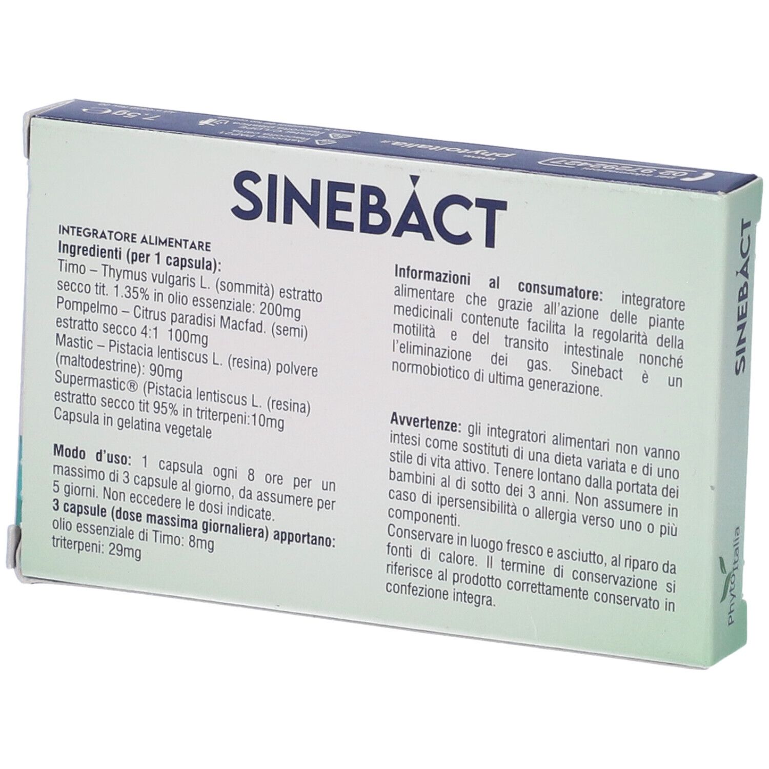 Retro della scatola Sinebact 15 Capsule. Testo: ingredienti, istruzioni per l'uso, avvertenze. Marchio PhytoItalia.