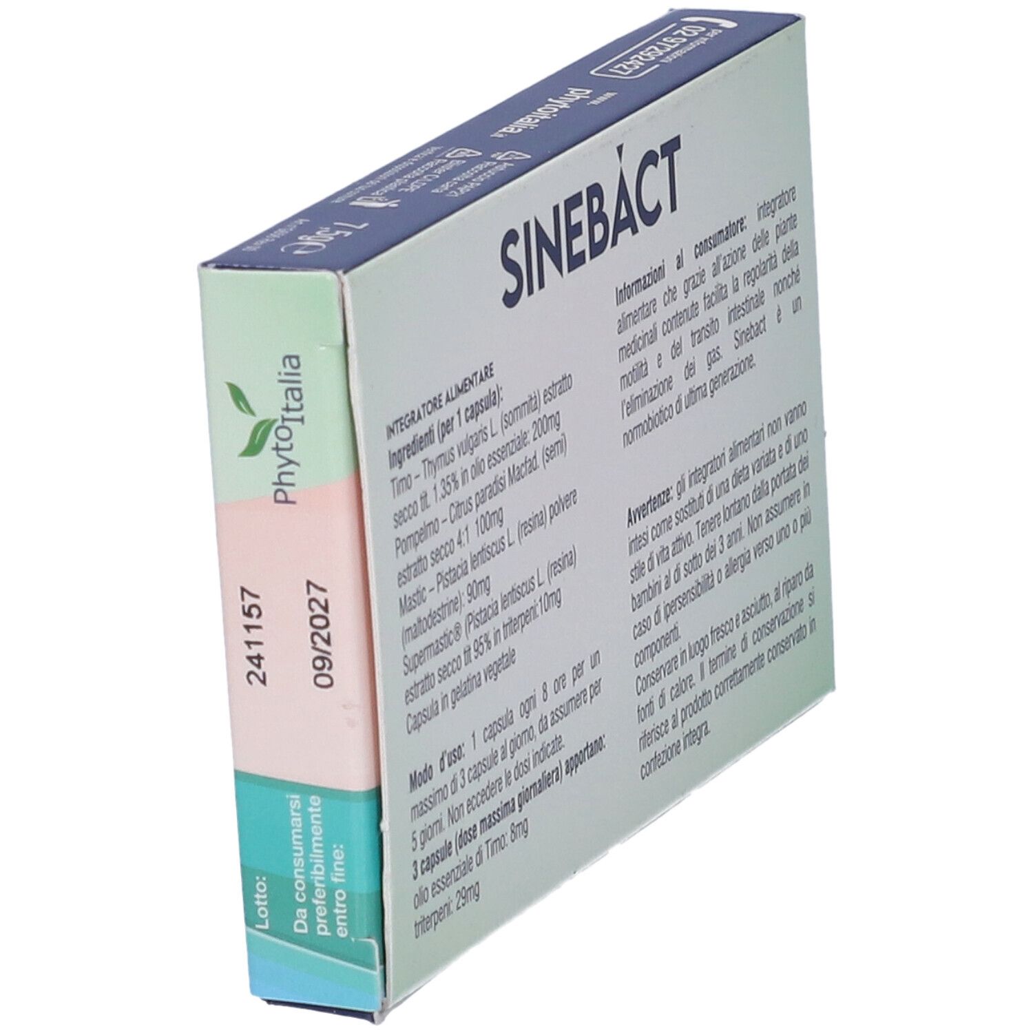 Vista laterale della scatola Sinebact 15 Capsule. Testo: ingredienti, istruzioni, avvertenze. Marchio PhytoItalia.