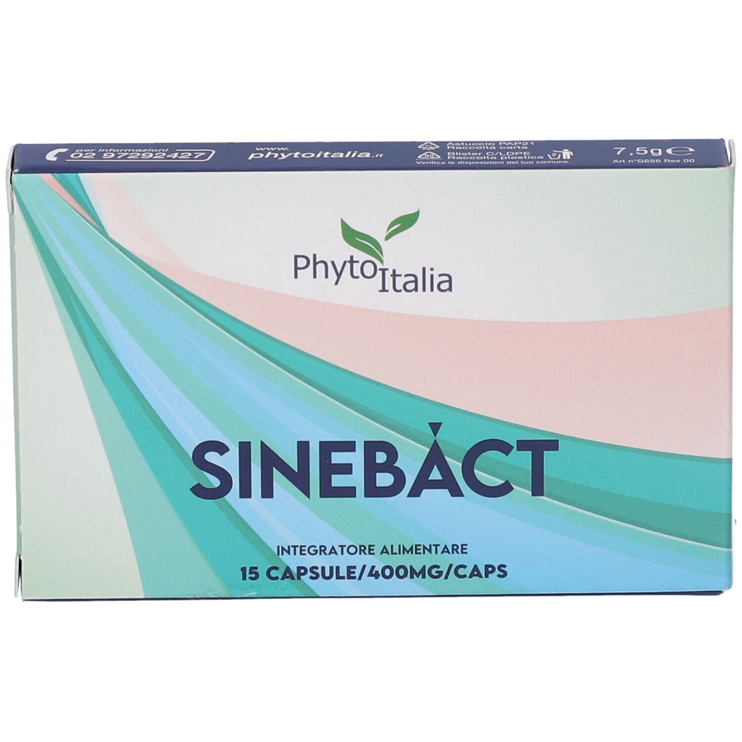 Scatola Sinebact 15 Capsule. Marchio PhytoItalia. Motivi a onde blu e verdi. Testo: 15 Capsule/400mg/Caps. Vista dall'alto.