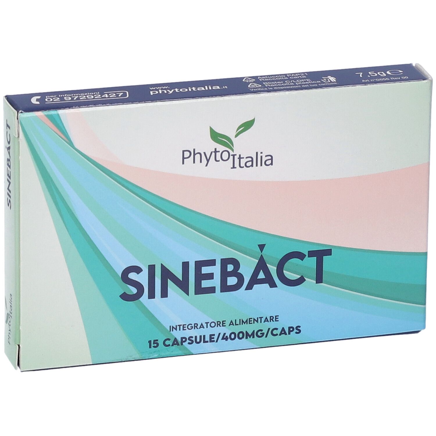 Scatola Sinebact 15 Capsule. Marchio PhytoItalia. Motivi a onde blu e verdi. Testo: 15 Capsule/400mg/Caps. Primo piano.