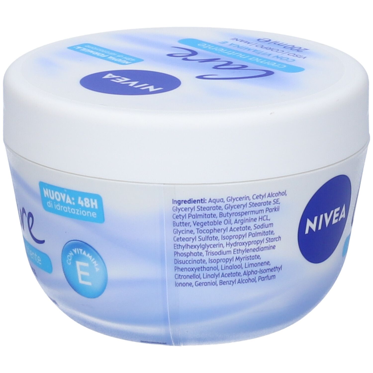 Vaso bianco con scritta blu. Elenco ingredienti e logo NIVEA sul lato.
