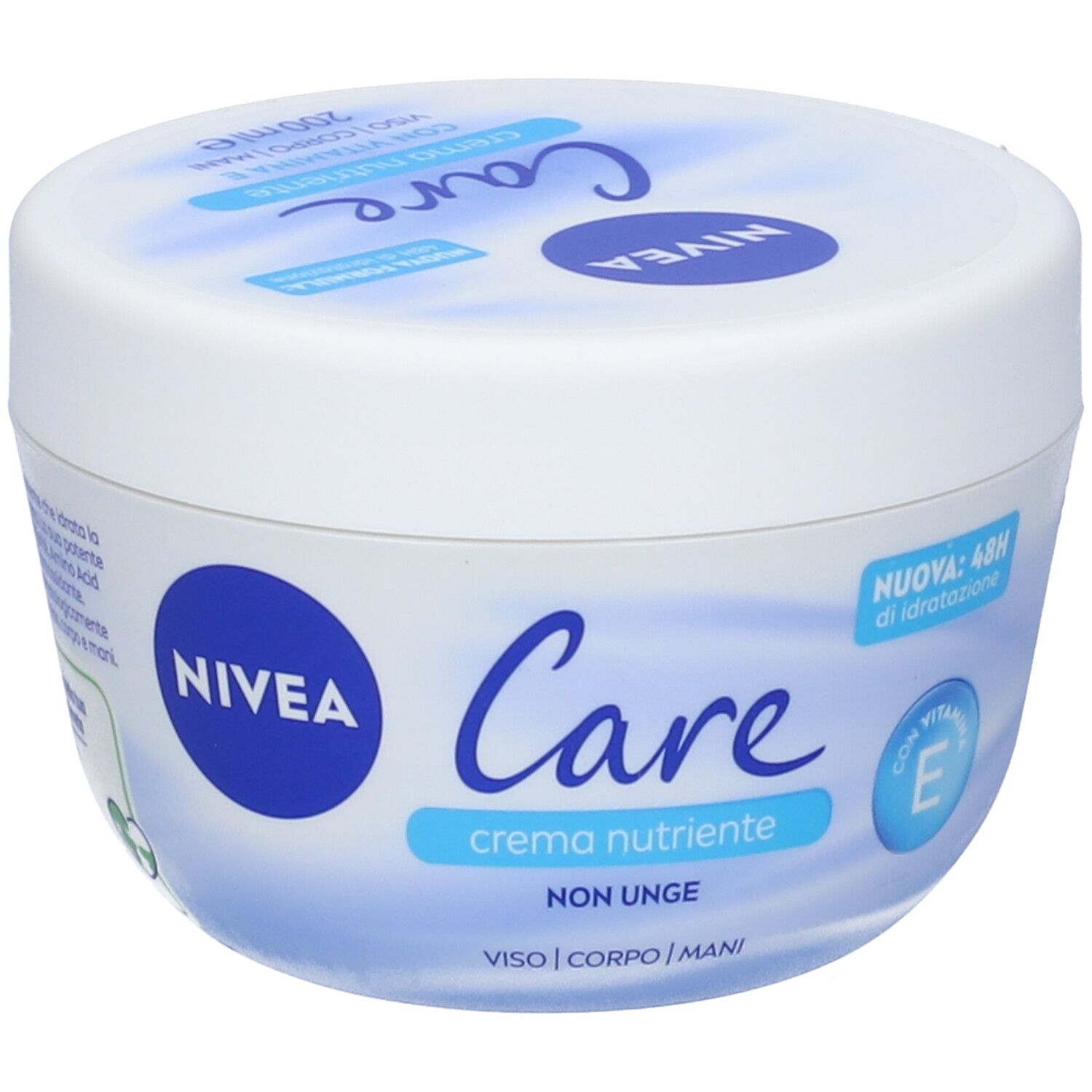 Vaso bianco con coperchio blu. Scritta: NIVEA Care, crema nutriente, NON UNGE. Con vitamina E.