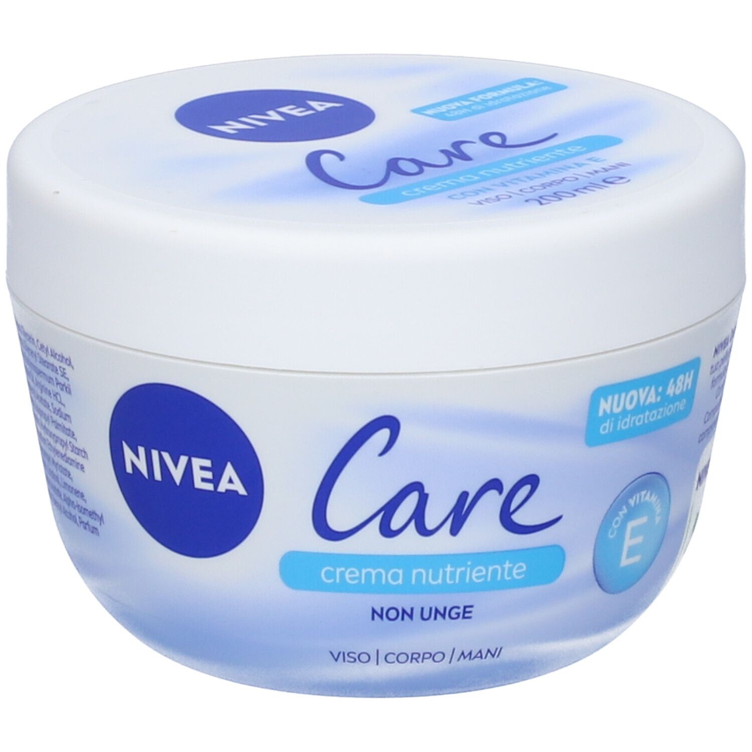 Vaso bianco con coperchio blu. Scritta: NIVEA Care, crema nutriente, NON UNGE. Con vitamina E.