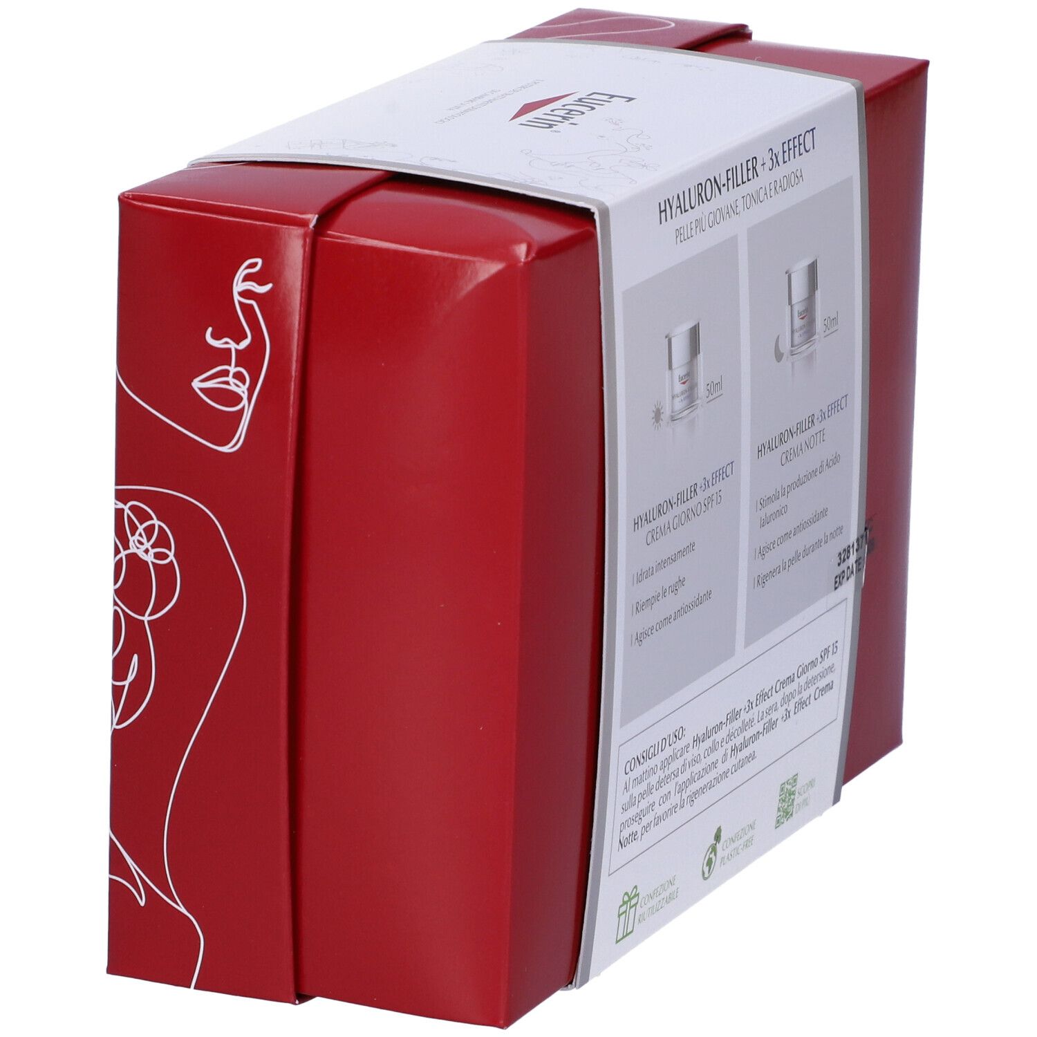 Confezione regalo rossa Eucerin con due creme. Scritta: Hyaluron-Filler + 3x Effect. Silhouette femminile sul lato.