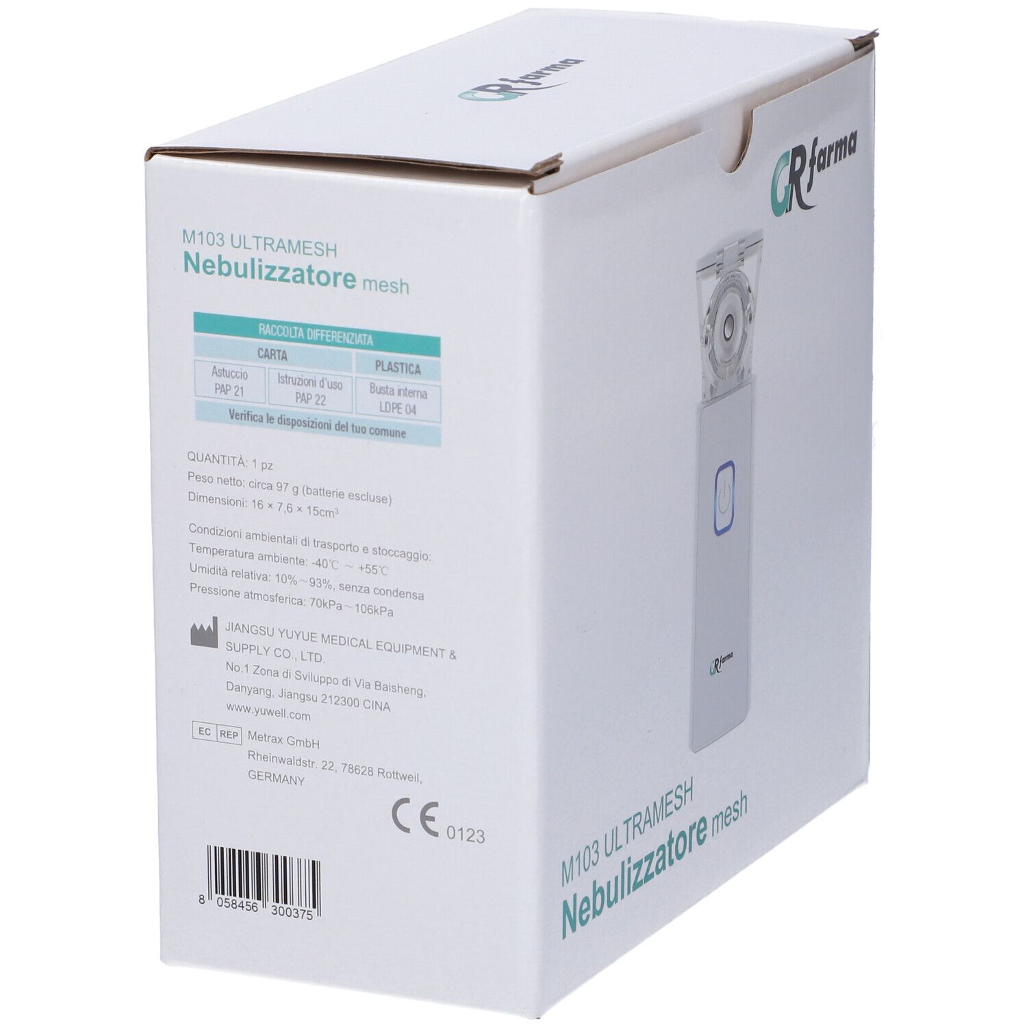 Confezione bianca con logo GR Farma e M103 Ultramesh Nebulizzatore mesh. Retro con dati tecnici e marchio CE.