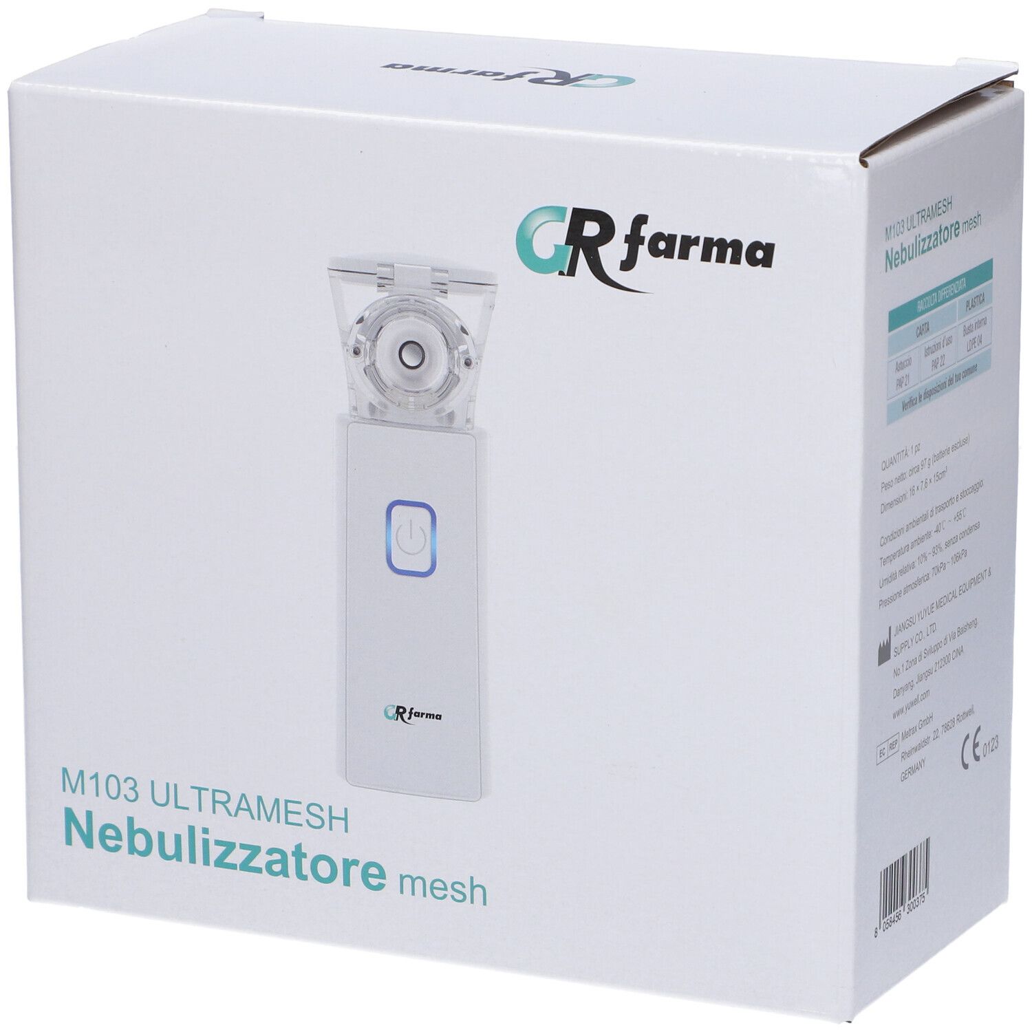 Confezione bianca con logo GR Farma e M103 Ultramesh Nebulizzatore mesh. Il dispositivo è raffigurato.