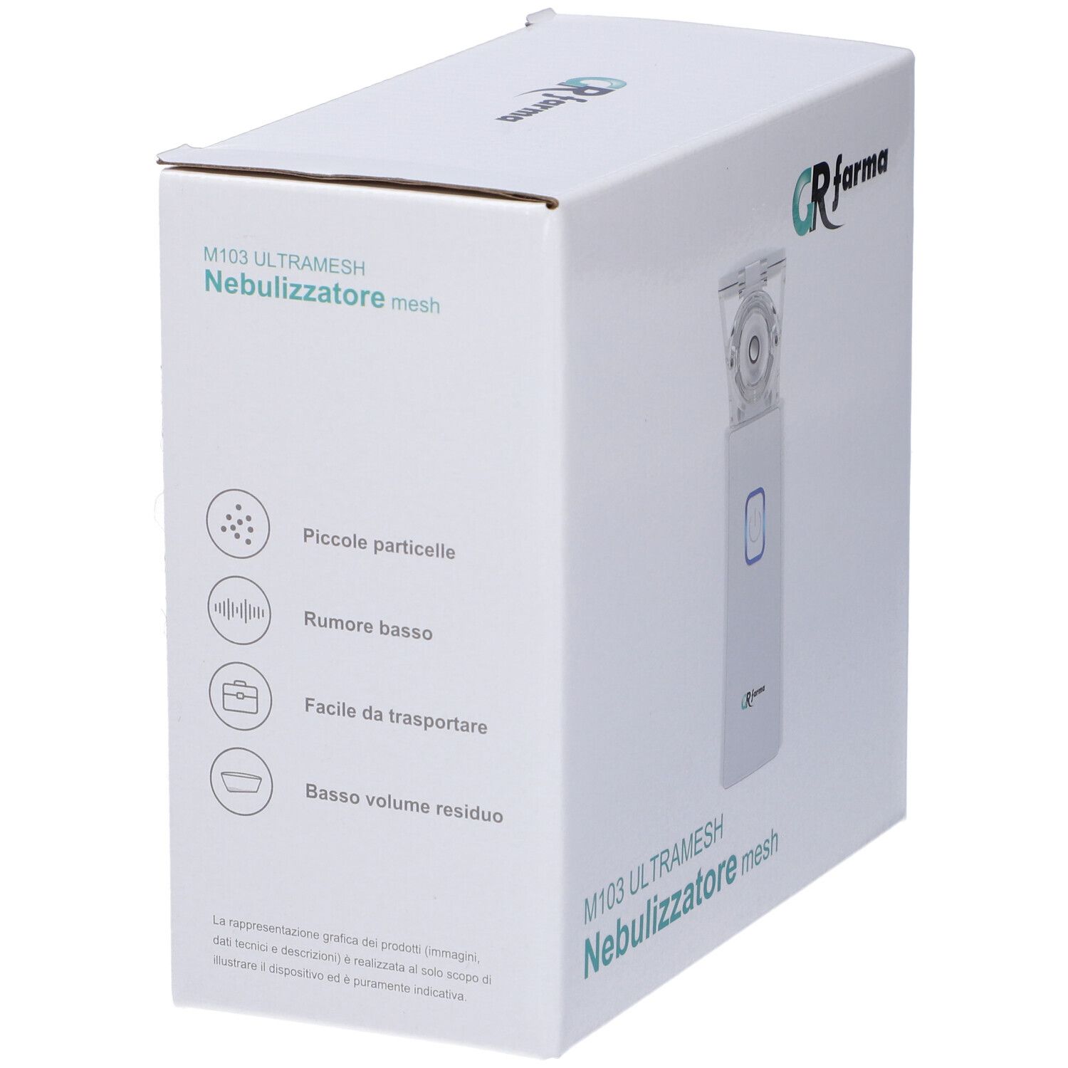 Confezione bianca con logo GR Farma e M103 Ultramesh Nebulizzatore mesh. Illustrazioni delle caratteristiche.