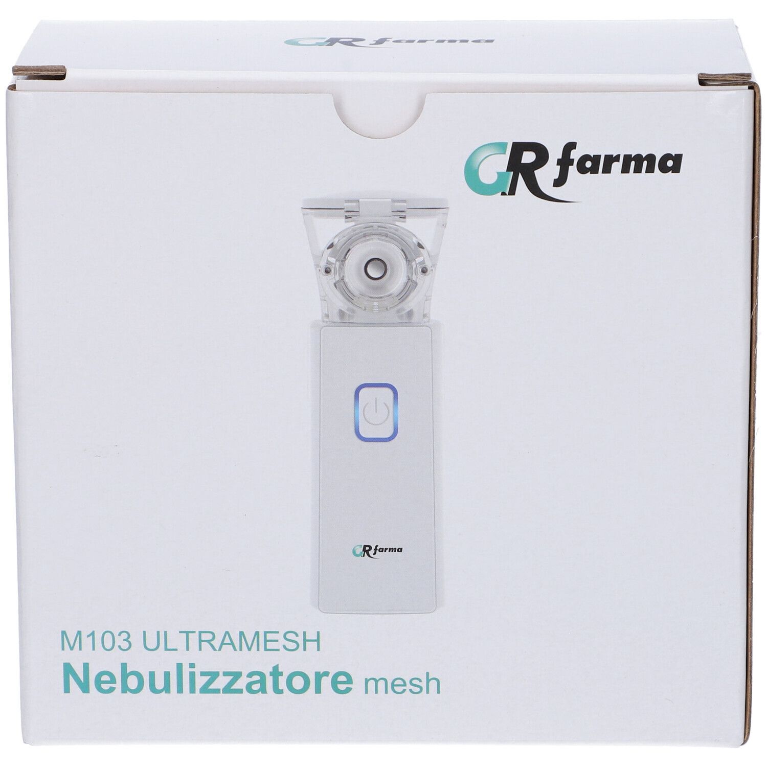 Confezione bianca con logo GR Farma e M103 Ultramesh Nebulizzatore mesh. Il dispositivo è raffigurato.