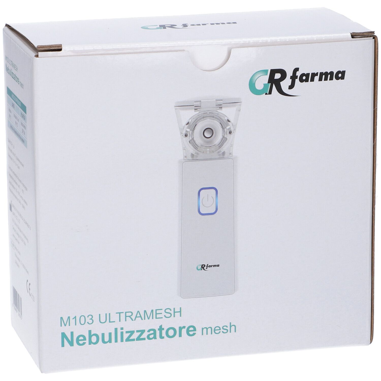 Confezione bianca con logo GR Farma e M103 Ultramesh Nebulizzatore mesh. Il dispositivo è raffigurato.