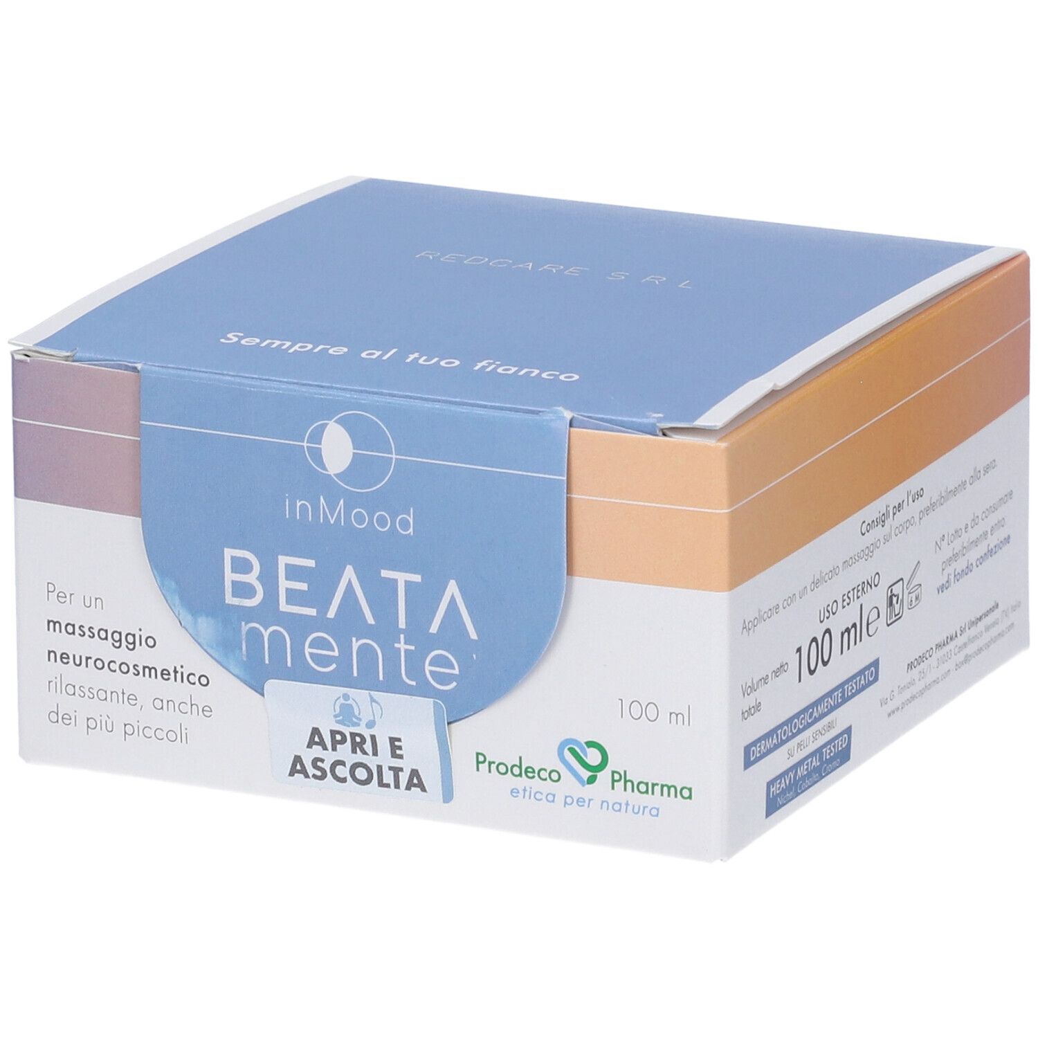 Scatola con nome del prodotto e logo. Tonalità blu, arancioni e bianche. Testo: "BEATA mente", "100 ml".