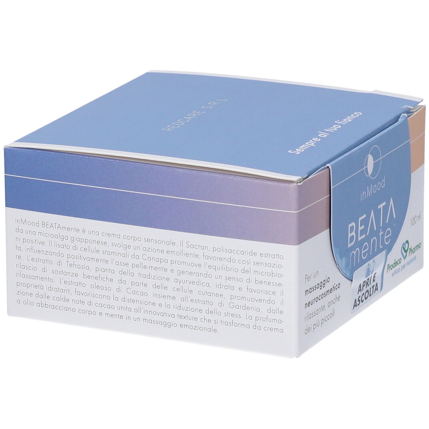 Scatola con nome del prodotto e logo. Tonalità blu, arancioni e bianche. Testo: "BEATA mente", "100 ml".