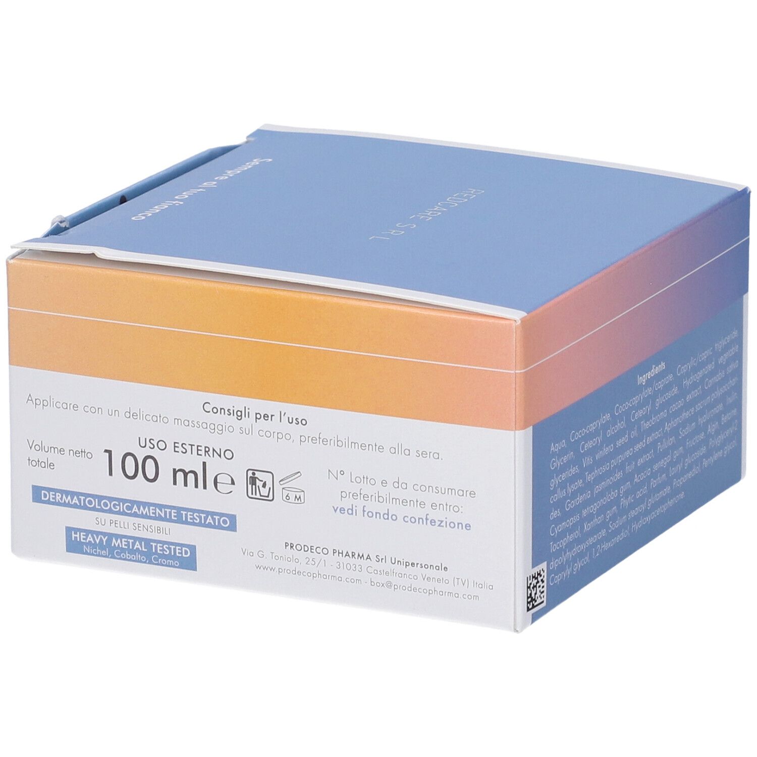 Scatola con testo e logo. Tonalità blu, arancioni e bianche. Testo: "100 ml", "USO ESTERNO".