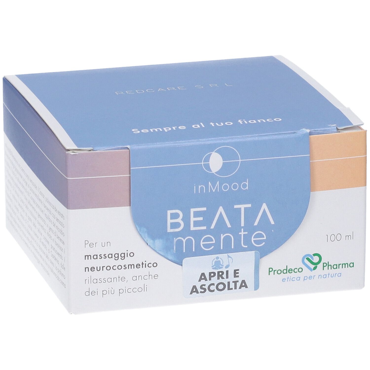 Scatola con nome del prodotto e logo. Tonalità blu, arancioni e bianche. Testo: "BEATA mente", "100 ml".