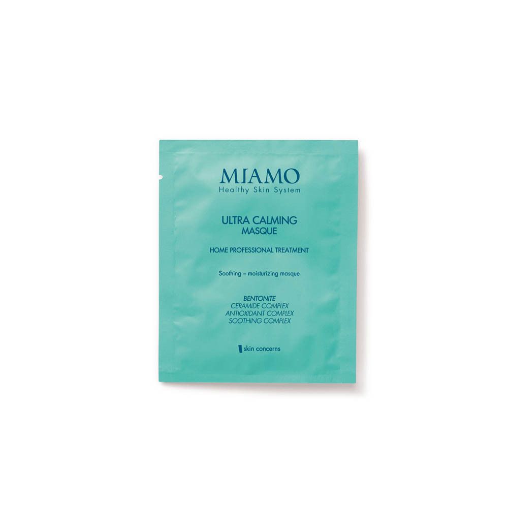 Busta turchese con scritto: Miamo, Ultra Calming Masque, Home Professional Treatment. Contiene bentonite, ceramidi, antiossidanti.