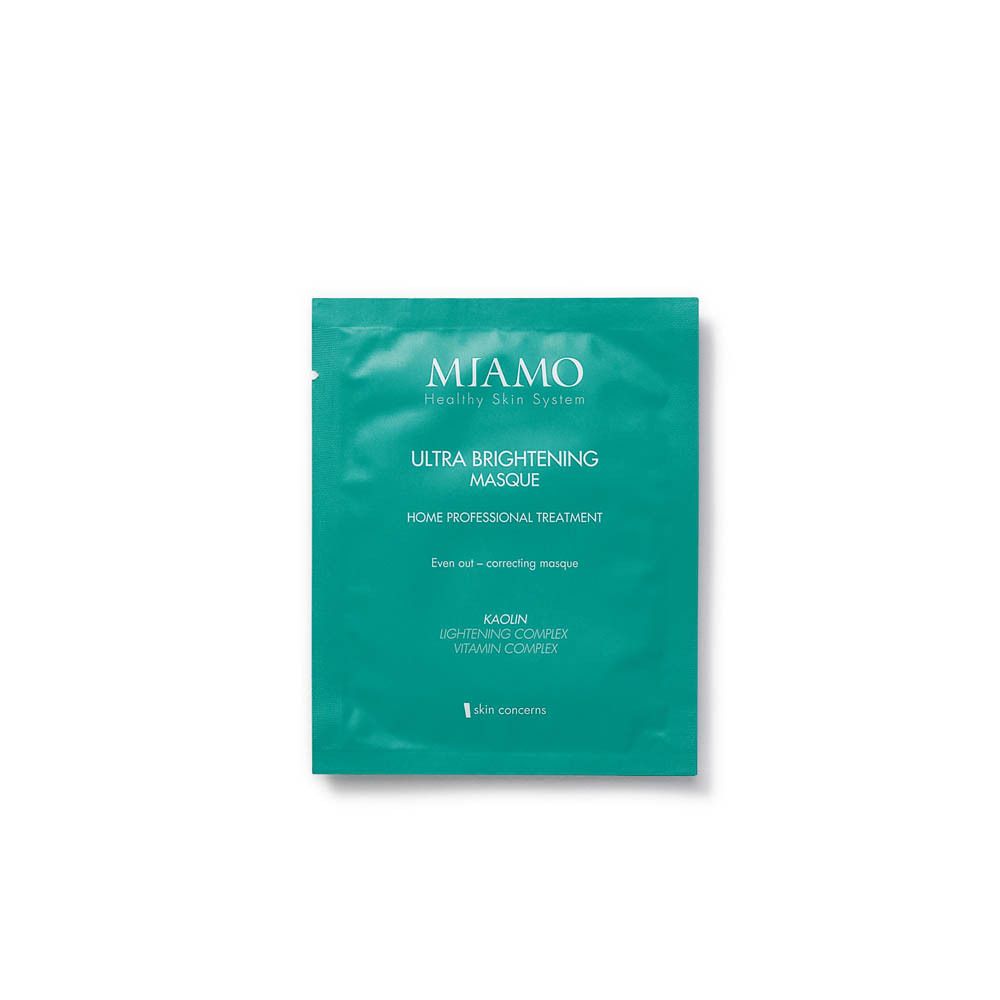 Singola maschera verde. Scritta: Miamo Ultra Brightening Masque. Home Professional Treatment.