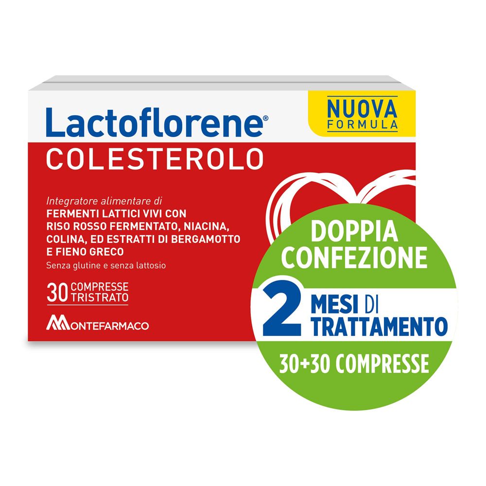 Confezione Lactoflorene Colesterolo. Confezione rossa e bianca con testo e logo. Doppia confezione, 2 mesi di trattamento.