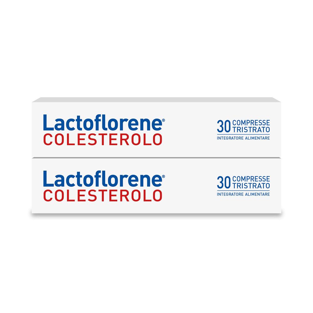 Due confezioni di Lactoflorene Colesterolo. Confezione rossa e bianca con testo e logo. 30 compresse per confezione.