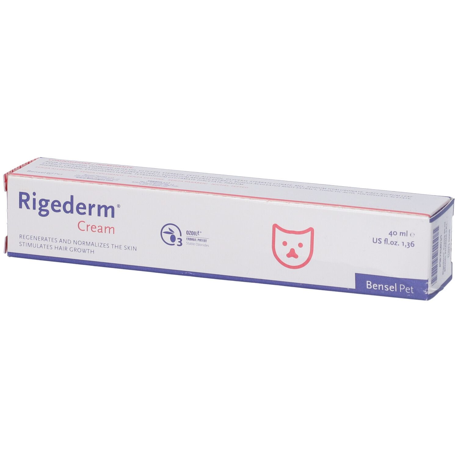 Scatola Rigederm Cream. Simbolo gatto. Testo: Rigenera e normalizza la pelle, stimola la crescita dei peli. 40 ml.